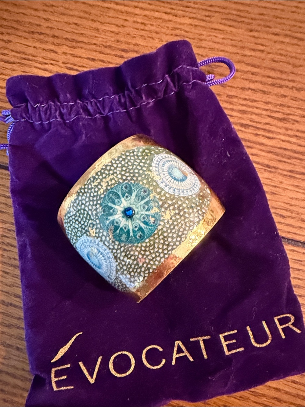 Gold-Tone Cuff Bracelet with Teal and Light Blue Medallions